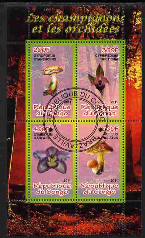 Congo 2011 Mushrooms & Orchids #1 perf sheetlet containing 4 values cto used, stamps on fungi, stamps on flowers, stamps on orchids