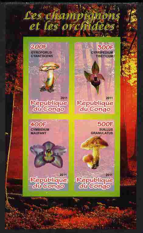 Congo 2011 Mushrooms & Orchids #1 imperf sheetlet containing 4 values unmounted mint, stamps on fungi, stamps on flowers, stamps on orchids