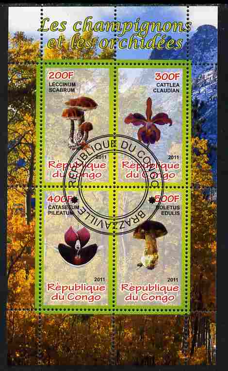Congo 2011 Mushrooms & Orchids #2 perf sheetlet containing 4 values cto used, stamps on fungi, stamps on flowers, stamps on orchids