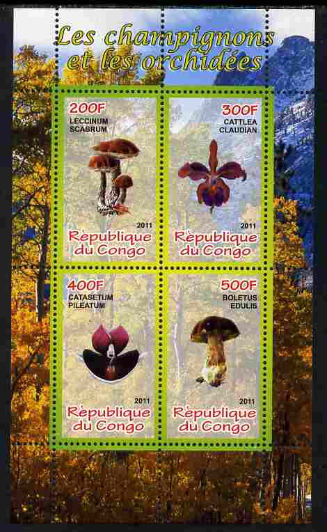 Congo 2011 Mushrooms & Orchids #2 perf sheetlet containing 4 values unmounted mint, stamps on fungi, stamps on flowers, stamps on orchids