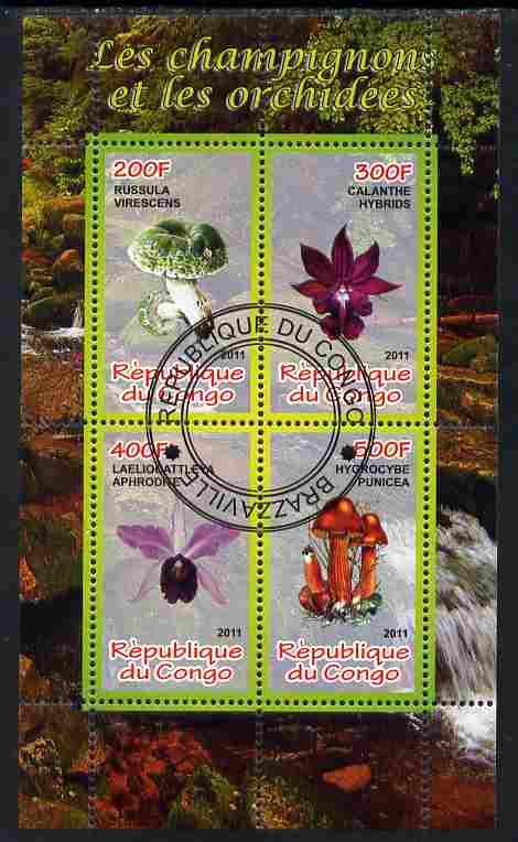 Congo 2011 Mushrooms & Orchids #3 perf sheetlet containing 4 values cto used, stamps on fungi, stamps on flowers, stamps on orchids