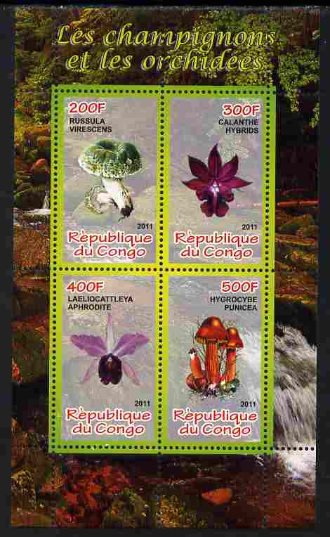 Congo 2011 Mushrooms & Orchids #3 perf sheetlet containing 4 values unmounted mint, stamps on fungi, stamps on flowers, stamps on orchids