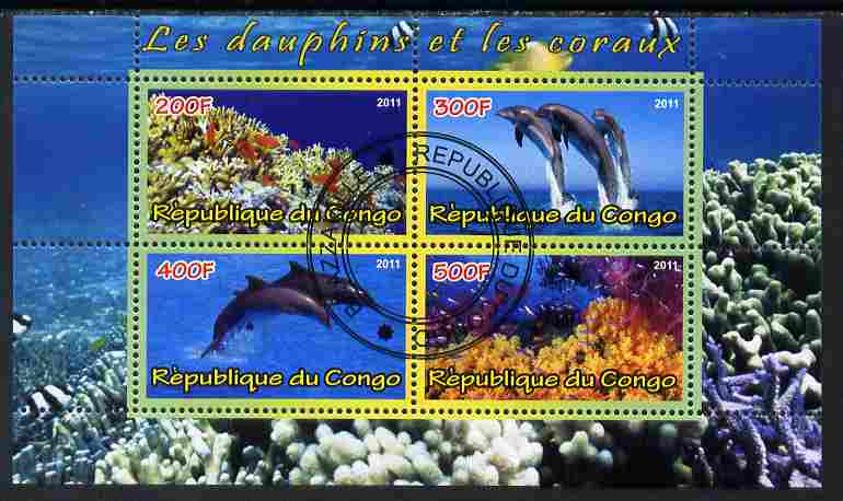 Congo 2011 Dolphins & Coral #1 perf sheetlet containing 4 values cto used, stamps on coral, stamps on marine life, stamps on dolphins
