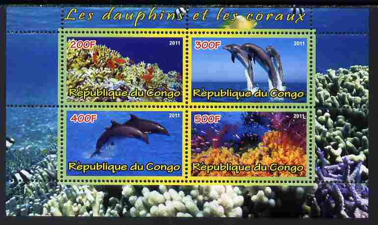 Congo 2011 Dolphins & Coral #1 perf sheetlet containing 4 values unmounted mint, stamps on coral, stamps on marine life, stamps on dolphins