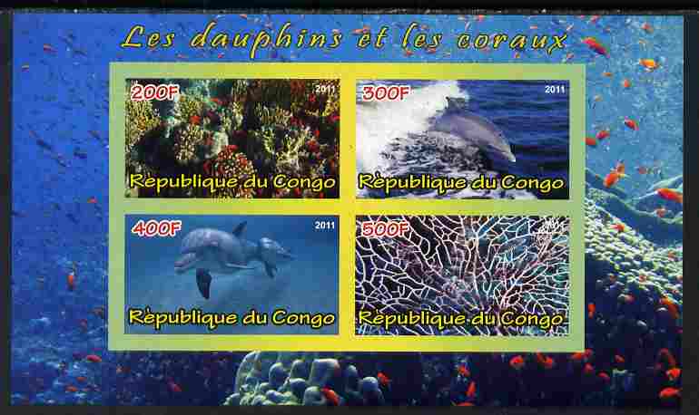 Congo 2011 Dolphins & Coral #2 imperf sheetlet containing 4 values unmounted mint, stamps on coral, stamps on marine life, stamps on dolphins
