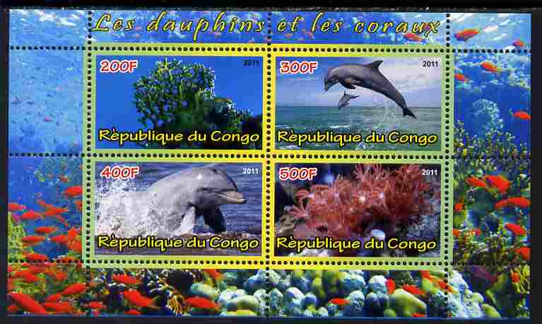 Congo 2011 Dolphins & Coral #3 perf sheetlet containing 4 values unmounted mint, stamps on coral, stamps on marine life, stamps on dolphins