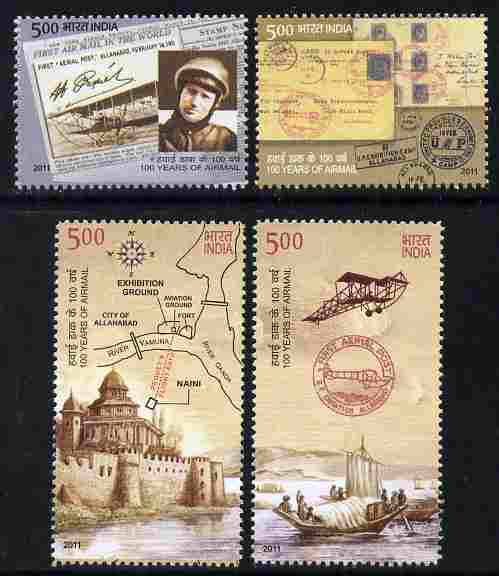 India 2011 100 Years of Airmail perf set of 4 unmounted mint, stamps on postal, stamps on aviation, stamps on stamp on stamp, stamps on stamponstamp, stamps on 