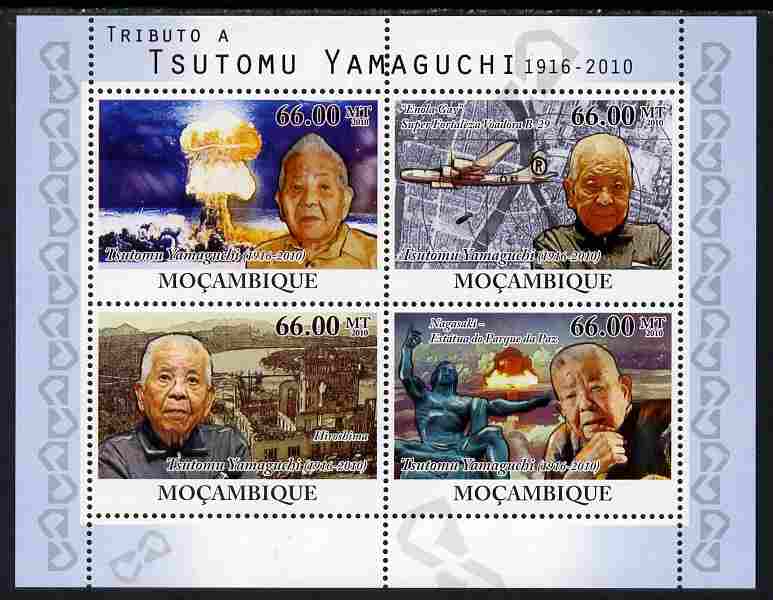 Mozambique 2010 Tribute to Tsutomu Yamaguchi perf sheetlet containing 4 values unmounted mint, stamps on personalities, stamps on  ww2 , stamps on atomics, stamps on 