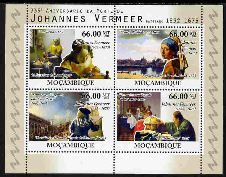 Mozambique 2010  335th Death Anniversary of Johannes Vermeer perf sheetlet containing 4 values unmounted mint, stamps on personalities, stamps on arts, stamps on vermeer, stamps on lace