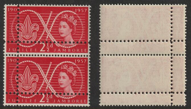 Great Britain 1957 World Scout Jamboree 2.5d unmounted mint vertical pair with perforations doubled (stamps are quartered). Note: the stamps are genuine but the additional perfs are a slightly different gauge identifying it to be a forgery., stamps on scouts, stamps on forgery, stamps on forgeries
