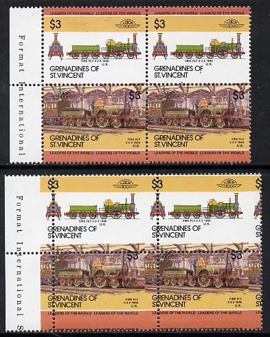 St Vincent - Grenadines 1985 Locomotives #3 (Leaders of the World) $3 Fire Fly horiz block of 4 (2 se-tenant pairs) with misplaced perfs (horiz perfs dropped by 4mm and vert perfs shifted 5mm to right) plus normal block (as SG 357a) unmounted mint, stamps on railways