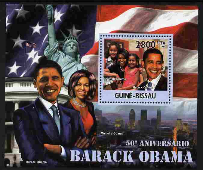 Guinea - Bissau 2011 50th Birth Anniversary of Barack Obama perf s/sheet unmounted mint, stamps on personalities, stamps on nobel, stamps on peace, stamps on usa presidents, stamps on american, stamps on masonics, stamps on masonry, stamps on obama, stamps on scouts