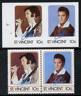 St Vincent 1985 Elvis Presley (Leaders of the World) 10c imperf se-tenant reprint proof pair in 4 colours only (orange & silver omitted) plus normal perf pair (as SG 919a), stamps on music     personalities        elvis  entertainments     films    cinema