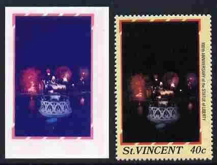 St Vincent 1986 Statue of Liberty Centenary 40c die proof in red and blue only on plastic (Cromalin) card ex archives complete with issued perf stamp as SG 1036, stamps on monuments, stamps on statues, stamps on americana, stamps on civil engineering, stamps on 