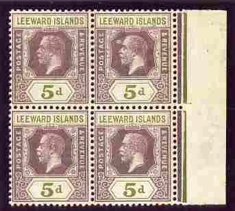 Leeward Islands 1921-32 KG5 5d Script CA marginal block of 4, one stamp with frame line thickened under N SG 71var, stamps on 