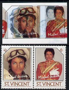 St Vincent 1985 Michael Jackson (Leaders of the World) $5 imperf se-tenant proof pair in 4 colours only - the red & yellow shifted 7mm to the right (red-brown & silver om..., stamps on music  personalities    pops