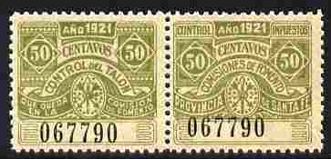 Argentine Republic - Santa Fe Province 1921 Revenue 50c olive se-tenant pair unmounted mint, stamps on revenues