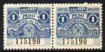 Argentine Republic - Santa Fe Province 1921 Revenue 1 Peso blue se-tenant pair unmounted mint, stamps on revenues