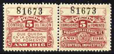 Argentine Republic - Santa Fe Province 1916 Revenue 5 Peso maroon se-tenant pair unmounted mint, stamps on revenues