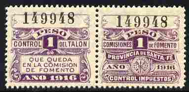 Argentine Republic - Santa Fe Province 1916 Revenue 1 Peso purple se-tenant pair unmounted mint, stamps on revenues