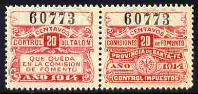 Argentine Republic - Santa Fe Province 1914 Revenue 20c red se-tenant pair unmounted mint, stamps on revenues