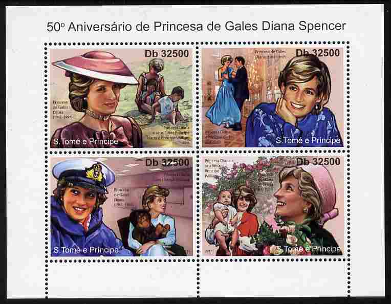 St Thomas & Prince Islands 2011 50th Birth Anniversary of Princess Diana perf sheetlet containing 4 values unmounted mint, stamps on royalty, stamps on diana