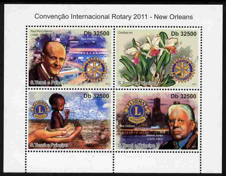 St Thomas & Prince Islands 2011 Rotary International Convention perf sheetlet containing 4 values unmounted mint, stamps on rotary, stamps on flowers