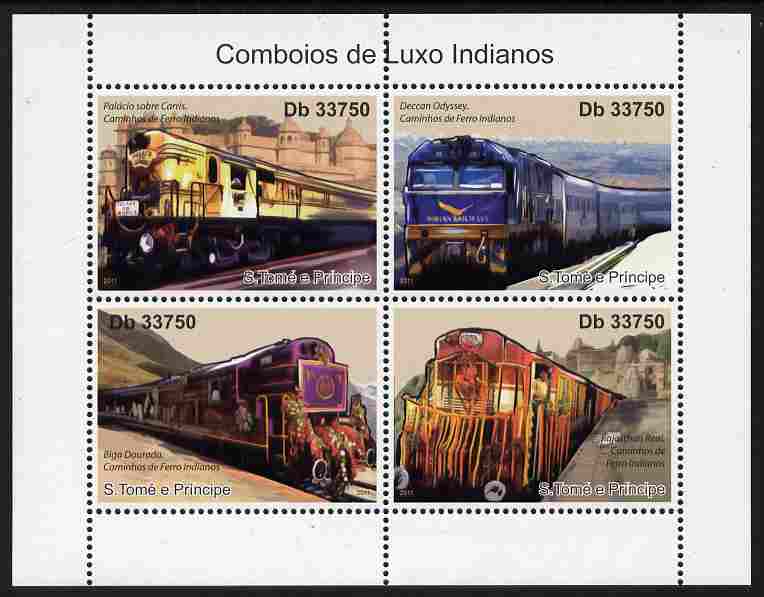 St Thomas & Prince Islands 2011 Indian Luxury Trains perf sheetlet containing 4 values unmounted mint, stamps on railways