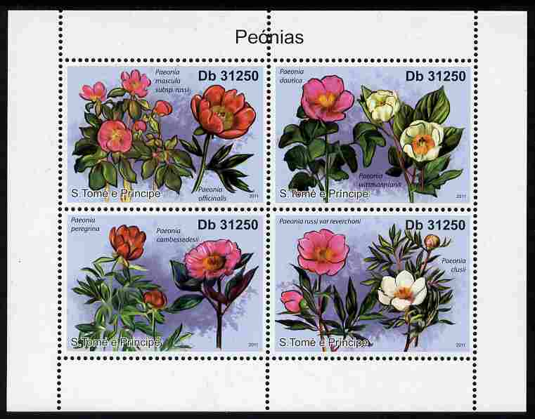 St Thomas & Prince Islands 2011 Peony Flowers perf sheetlet containing 4 values unmounted mint, stamps on , stamps on  stamps on flowers