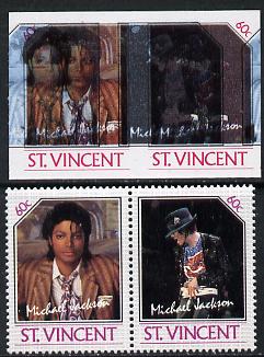 St Vincent 1985 Michael Jackson (Leaders of the World) 60c imperf se-tenant proof pair in 5 colours only - the blue & black shifted 7mm to the left (silver omitted) with ..., stamps on music  personalities    pops