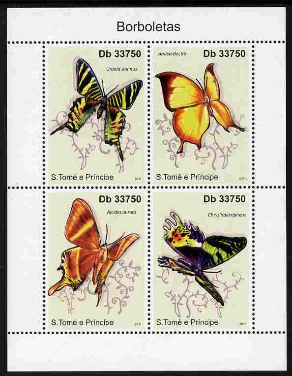 St Thomas & Prince Islands 2011 Butterflies perf sheetlet containing 4 values unmounted mint, stamps on butterflies