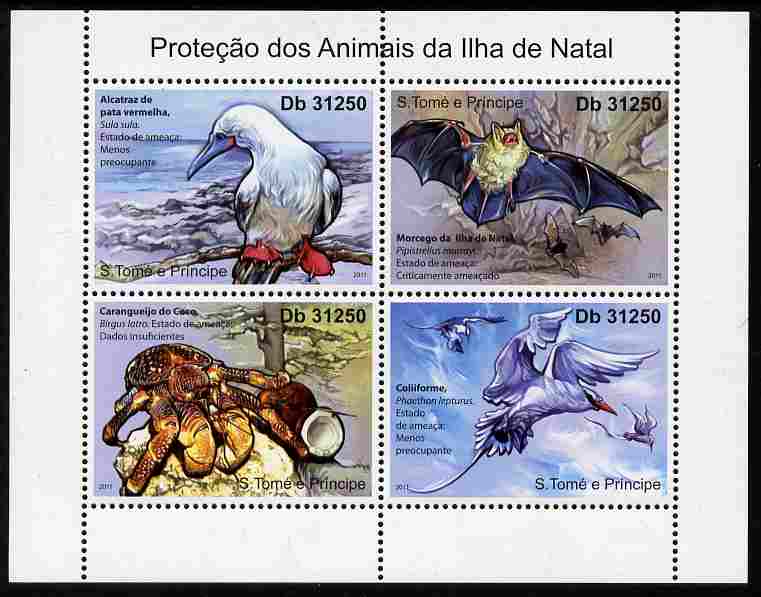 St Thomas & Prince Islands 2011 Animal Protection on Christmas Island perf sheetlet containing 4 values unmounted mint, stamps on animals, stamps on  wwf , stamps on mammals, stamps on bats, stamps on crabs