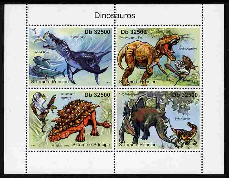 St Thomas & Prince Islands 2011 Dinosaurs perf sheetlet containing 4 values unmounted mint, stamps on dinosaurs