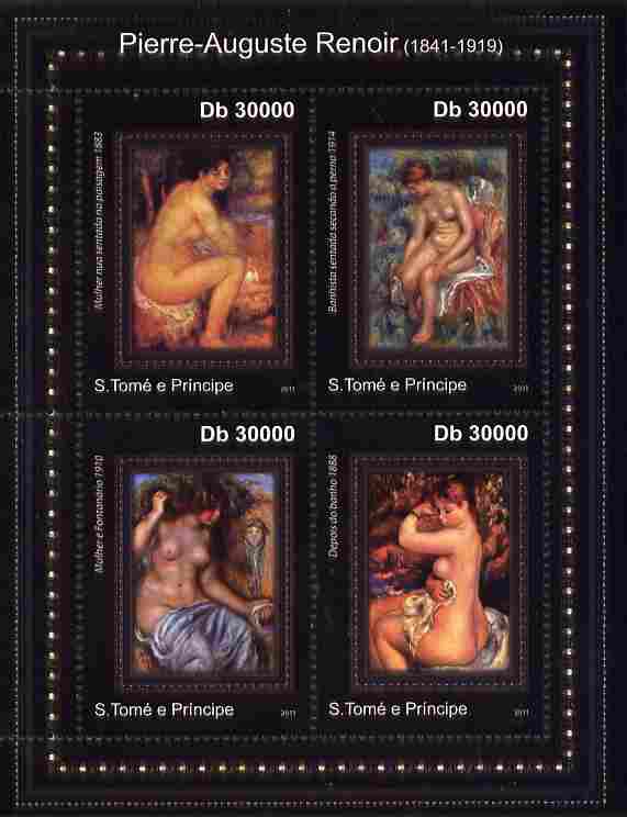 St Thomas & Prince Islands 2011 Paintings by Renoir perf sheetlet containing 4 values unmounted mint, stamps on arts, stamps on renoir