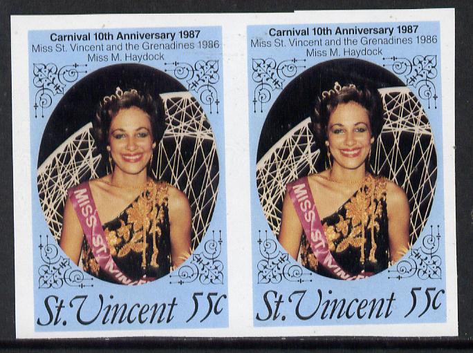 St Vincent 1987 10th Anniversary of Carnival 55c (Beauty Queen) unmounted mint imperf pair, SG 1068var, stamps on entertainments    fashion    tourism