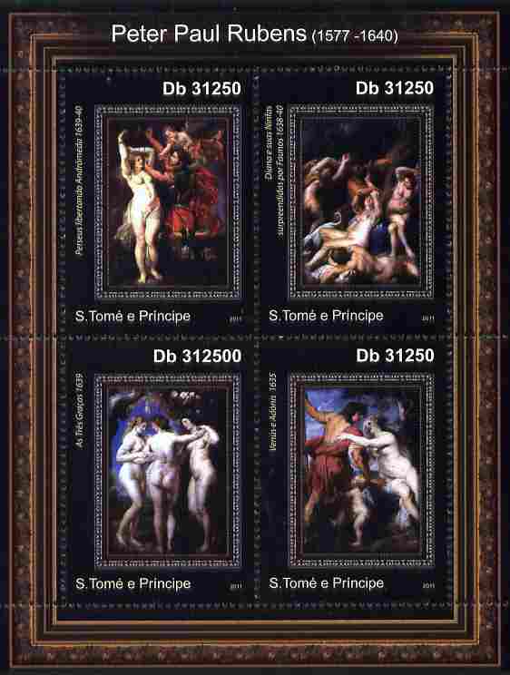 St Thomas & Prince Islands 2011 Paintings by Rubens perf sheetlet containing 4 values unmounted mint, stamps on arts, stamps on rubens