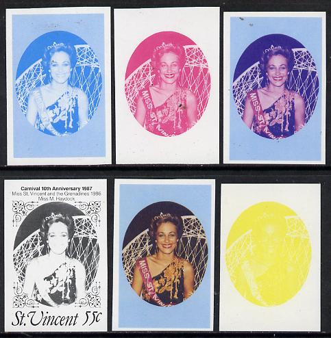 St Vincent 1987 10th Anniversary of Carnival 55c (Beauty Queen) unmounted mint set of 6 progressive proofs comprising the 4 individual colours plus 2 and 3-colour composites, As SG 1068, stamps on entertainments    fashion   tourism