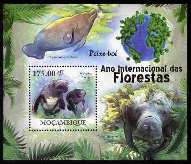 Mozambique 2011 International Year of Forests - Manatees perf s/sheet unmounted mint, stamps on forests, stamps on trees, stamps on animals, stamps on marine life, stamps on manatees