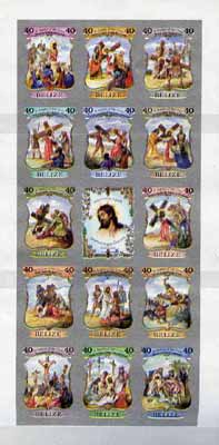 Belize 1988 Easter - Stations of the Cross sheetlet of 14 plus label IMPERF unmounted mint, as SG 1024a, stamps on easter    religion