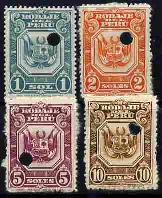 Peru 1940s? 4 Essays 1sol to 10sol with Waterlow & Sons security punch holes, (inscr  Rodaje Del Peru) fair to fine with sime gum (4 proofs), stamps on 
