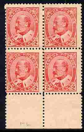 Canada 1903 KE7 2c scarlet fine mint marg block of 4, 2 stamps unmounted SG 176/7, stamps on 