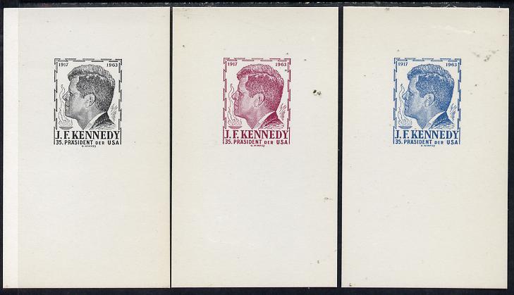 Austria 1963 Kennedy set of 3 undenominated proof cards in black, blue & maroon, produced by Wimmer but never issued (only 100 sets produced), stamps on kennedy    personalities