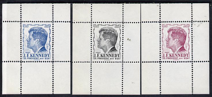 Austria 1963 Kennedy set of 3 undenominated perforated essay sheetlets in black, blue & maroon, produced by Wimmer but never issued, unmounted mint, stamps on kennedy    personalities