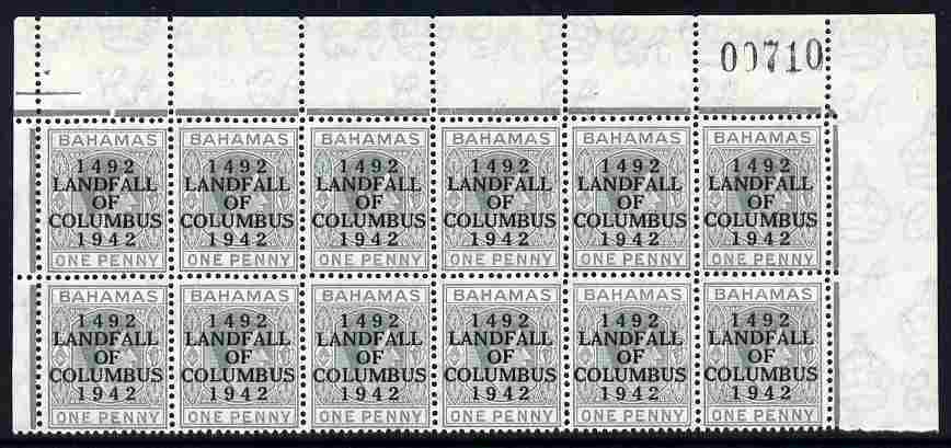 Bahamas 1942 KG6 Landfall of Columbus 1d pale slate upper two rows from right pane with distorted Y variety (R1/6) plus flaw between A & L on R2/3 etc unmounted mint SG 1..., stamps on columbus, stamps on  kg6 , stamps on variety, stamps on varieties