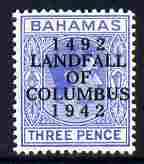 Bahamas 1942 KG6 Landfall of Columbus opt on 3d blue single with dot in U variety on R3/2 mounted mint SG 167var, stamps on , stamps on  stamps on columbus, stamps on  stamps on  kg6 , stamps on  stamps on variety, stamps on  stamps on varieties