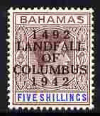 Bahamas 1942 KG6 Landfall of Columbus opt on 5s lilac & blue single with dot in U variety on R3/2 mounted mint SG 174var, stamps on columbus, stamps on  kg6 , stamps on variety, stamps on varieties