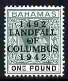 Bahamas 1942 KG6 Landfall of Columbus opt on \A31 green & black single with dot in O (of) variety on R6/5 mounted mint SG 175var, stamps on columbus, stamps on  kg6 , stamps on variety, stamps on varieties