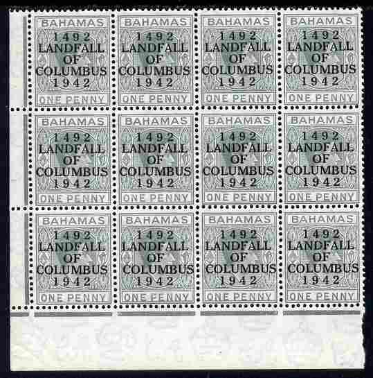 Bahamas 1942 KG6 Landfall of Columbus 1d pale slate SW corner block of 12 from right pane with short N variety (R8/4) & Break in Oval on R10/4 plus overprint varieties un..., stamps on columbus, stamps on  kg6 , stamps on variety, stamps on varieties
