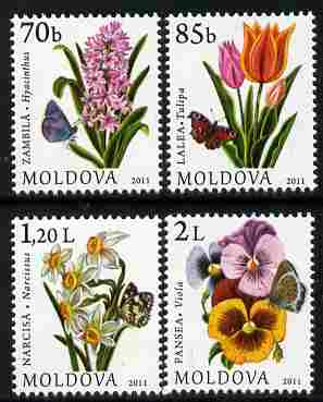 Moldova 2011 Flowers & Butterflies perf set of 4 unmounted mint , stamps on flowers, stamps on butterflies