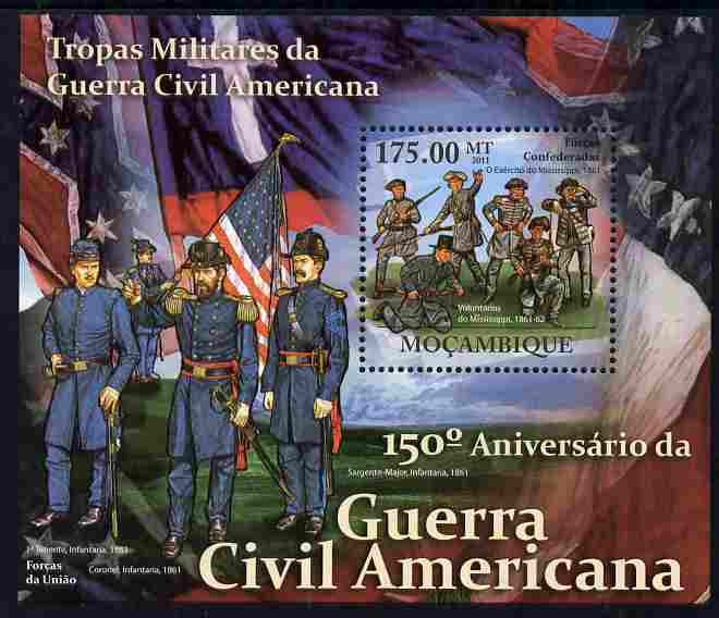 Mozambique 2011 150th Anniversary of American Civil War perf s/sheet unmounted mint, stamps on americana, stamps on battlesmflags, stamps on militaria, stamps on horses